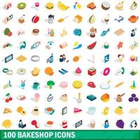 100 Bakeshop-Icons gesetzt, isometrischer 3D-Stil vektor