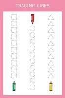 Trace-Linien-Arbeitsblatt mit Schreibwaren für die Schule für Kinder, Üben der Feinmotorik. Lernspiel für Kinder im Vorschulalter. vektor