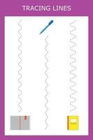 Trace-Linien-Arbeitsblatt mit Schreibwaren für die Schule für Kinder, Üben der Feinmotorik. Lernspiel für Kinder im Vorschulalter. vektor