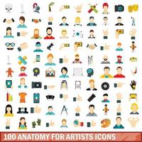 100 anatomi för artister ikoner set, platt stil vektor