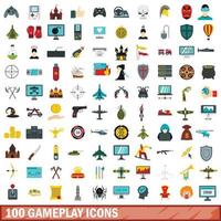 100 Gameplay-Icons gesetzt, flacher Stil vektor