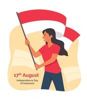 frau, die indonesische flagge hält, um den indonesischen unabhängigkeitstag zu feiern vektor