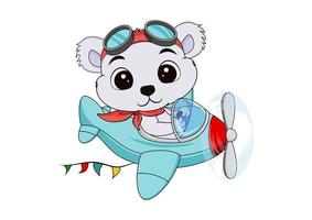 niedlicher Cartoon-Bär, der in einem Flugzeug fliegt, isoliert auf weißem Hintergrund vektor