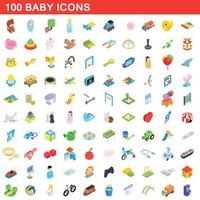 100 Baby-Icons gesetzt, isometrischer 3D-Stil vektor