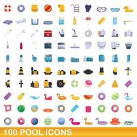 100 pool ikoner set, tecknad stil vektor