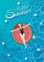 Mädchen mit Sonnenbrille in einem schwarzen Badeanzug schwimmt auf einer Wassermelonenmatratze in einem Pool vektor