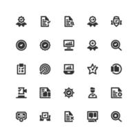 Geschäftsqualitätsstandards und Anforderungen Vektor Icon Set Pack in schwarz gefülltem Stil