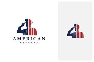 salutierende amerikanische Soldaten mit Logo-Designvektor der amerikanischen Flagge vektor