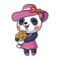 niedlicher kleiner Panda-Mädchen-Cartoon, der Blumen hält vektor