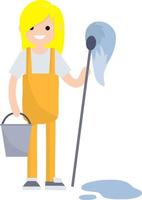 Frau sauberer mit einem Eimer Wasser und einem Mopp. Mädchen in einer gelben Uniform