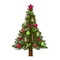 julgran. ett dekorerat träd med leksaker, bollar och en stjärna. för design av nyårsaffischer, flygblad, reklam och vykort. isolerad på en vit bakgrund. platt style.vector illustration vektor