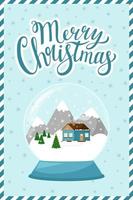 konzept eines neuen jahres, weihnachtsgrußkarte mit den worten frohe weihnachten. schneekugel auf blauem hintergrund mit schneeflocken. vertikale grußkartenvorlage in einem flachen stil mit symbolen von weihnachten vektor