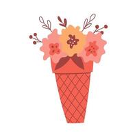 ein Blumenstrauß mit einfachen Blumen, Blättern und Zweigen in einer Waffeltasse. florales süßes dekoratives element. einfache flache Farbvektorillustration lokalisiert auf weißem Hintergrund. vektor