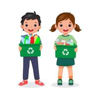 glückliches Kind Kinder kleiner Junge und Mädchen, die einen Recyclingbehälter voller Plastikflaschen und Papiermüll für die Abfallsortierung halten vektor