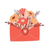 en bukett med enkla röda och gula blommor och kvistar i ett kuvert med ett hjärta. dekorativt element för alla hjärtans dag-kort. enkel platt färg vektorillustration isolerad på vit bakgrund. vektor