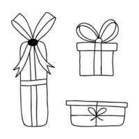 Set von Geschenkboxen mit Schleife im Doodle-Stil. Die Skizze ist von Hand gezeichnet und auf einem weißen Hintergrund isoliert. element des neujahrs- und weihnachtsdesigns. Umrisszeichnung. schwarz-weiße Vektorillustration. vektor