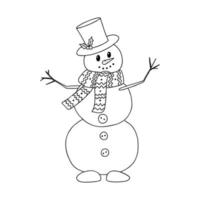 snögubbe i en halsduk och hög hatt i doodle stil. skissen är handritad och isolerad på en vit bakgrund. element av nyår och jul design. konturritning. svart-vit vektorillustration vektor