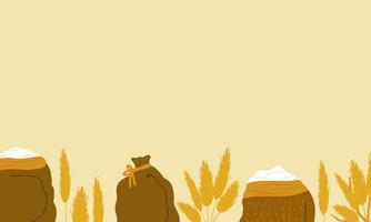 Vektorset aus Weizenähren, Roggensträußen, Mehlsäcken, Zucker, Weizenkeimkörnern. süßer und flacher Stil. schöne illustration zum erstellen von design, aufklebern, wrappern, postkarten, bannern, websites. vektor