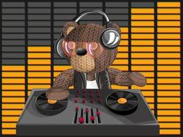 webvektorbild av en leksaksbjörn i hörlurar med en fjärrkontroll för att mixa musikspår. begrepp. tecknad stil. isolerad på vit bakgrund. eps 10 vektor