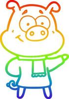Regenbogen-Gradientenlinie zeichnet fröhliches Cartoon-Schwein mit Regenbogenkleidung vektor