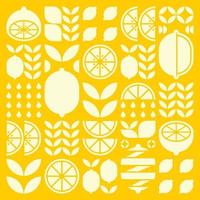 abstrakte Kunstwerke von Zitronenfrucht-Mustersymbolen. einfache Vektorgrafiken, geometrische Illustration von Zitrus-, Orangen-, Limetten-, Limonaden- und Blattsilhouetten. minimalistisches flaches modernes Design auf gelbem Hintergrund. vektor