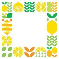 minimalistisk platt vektorram, citronfruktikonsymbol. enkel geometrisk illustration av citrus, apelsiner, lemonad och löv. abstrakt design på svart bakgrund. för kopieringsutrymme, inlägg på sociala medier. vektor