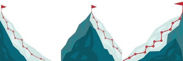uppsättning bergsklättringsväg till toppen i platt stil. affärsresa vägen pågår till framgång vektorillustration. bergstopp, klätterväg till toppklippan vektor