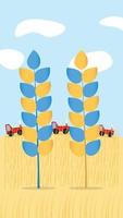 Blaue und gelbe Ukaine-Ohren von Weizenpflanzen-Ährchen-Symbol auf Naturhintergrund mit Traktoren. Vektor-Illustration.