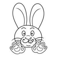 rolig söt kanin, ler och slickar sina läppar, vektorillustration i tecknad stil på en vit bakgrund, monokrom bild vektor
