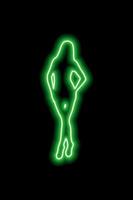 grüne Neonsilhouette eines Mädchens mit langen Haaren, das in einer schönen Pose auf schwarzem Hintergrund steht vektor