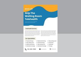 Flyer-Poster-Design für telemedizinische Telemedizindienste. telegesundheitsdienst von zu hause flyer design. telemedizinischer Service Flyer verfügbar. vektor