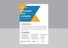 Flyer-Poster-Design für telemedizinische Telemedizindienste. telegesundheitsdienst von zu hause flyer design. telemedizinischer Service Flyer verfügbar. vektor