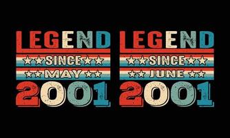 legend sedan maj och juni -2001 födelsedag vintage t-shirt design. vektor
