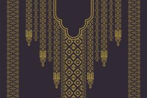 Luxus-Vintage-Goldfarbe ethnische geometrische Form Halsstickmuster-Design mit Rand auf schwarzem Hintergrund. elegante tribal art mode für hemden. vektor