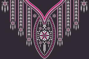 ethnische Ausschnittstickerei geometrische Blumenform rosa Farbdesign auf schwarzem Hintergrund. feminine tribal art mode für hemden. vektor