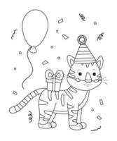 Malvorlage für Kinder. karikaturtiger mit geschenk und luftballons. alles gute zum geburtstag schwarz-weiß umrissillustration. Dschungeltiere. vektor