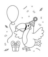 alles gute zum geburtstag zum ausmalen für kinder. niedlicher Cartoon-Tukan mit Geschenk und Ballon. Dschungelvogel. schwarz-weiße Umrissvektorillustration. vektor