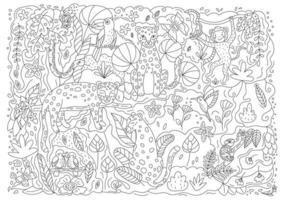 handgezeichnete doodle-malseite mit leoparden, papageien, kolibri, tukan, schlange, affe und chamäleon. niedliche Zeichentrickfiguren. exotische tropische Pflanzen und Blumen. Umriss-Vektor-Illustration. vektor