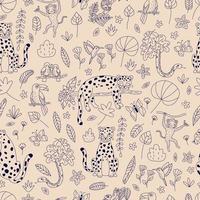 sömlösa mönster med kontur regnskogsdjur, fåglar och exotiska växter på rosa bakgrund. handritade leoparder, kameleont, apa och orm. vektor illustration.