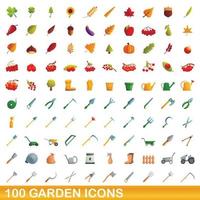 100 trädgård ikoner set, tecknad stil vektor