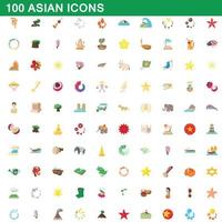 100 asiatiska ikoner set, tecknad stil vektor