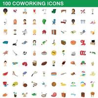 100 coworking ikoner set, tecknad stil vektor