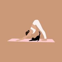 Mädchen und Katze machen Yoga. nach unten gerichtete Hundehaltung. Pilates, Fitness. trendige minimalistische pastellfarbene terrakottafarbene vektorillustration. für Poster, Aufkleber, T-Shirt, Design. Modeillustration. vektor