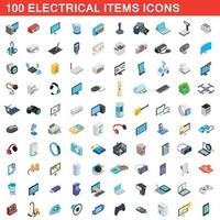 100 elektrische Artikel Symbole gesetzt, isometrischer 3D-Stil vektor