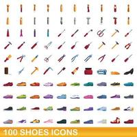 100 skor ikoner set, tecknad stil vektor