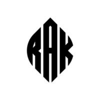 rak-Kreis-Buchstaben-Logo-Design mit Kreis- und Ellipsenform. rak-ellipsenbuchstaben mit typografischem stil. Die drei Initialen bilden ein Kreislogo. rak-Kreis-Emblem abstrakter Monogramm-Buchstaben-Markenvektor. vektor