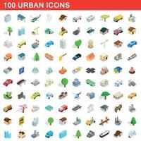 100 urbana ikoner set, isometrisk 3d-stil vektor