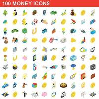 100 pengar ikoner set, isometrisk 3d-stil vektor