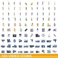 100 video ikoner set, tecknad stil vektor