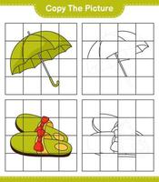 kopiera bilden, kopiera bilden av tofflor och paraply med hjälp av rutnätslinjer. pedagogiskt barnspel, utskrivbart kalkylblad, vektorillustration vektor